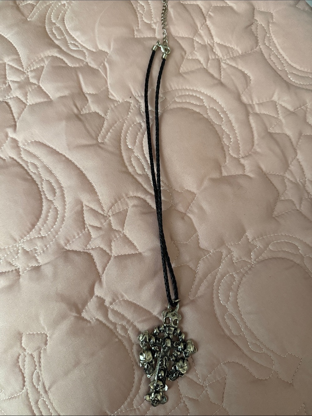 Black Cord Necklace with Silver Floral Cross Pendant